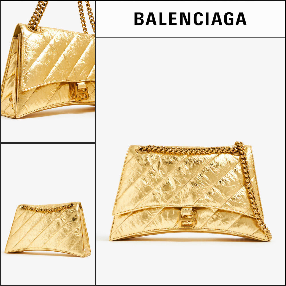 【BALENCIAGA】Crush Medium Chain Bag Metallized Quilted Gold