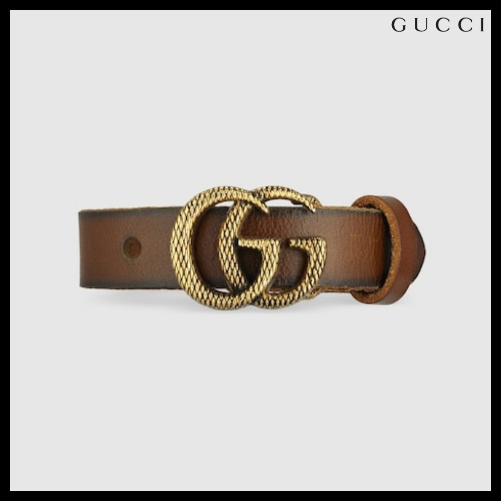 【GUCCI】GGゴールド メタル バックル レザー ブレスレットBROWN