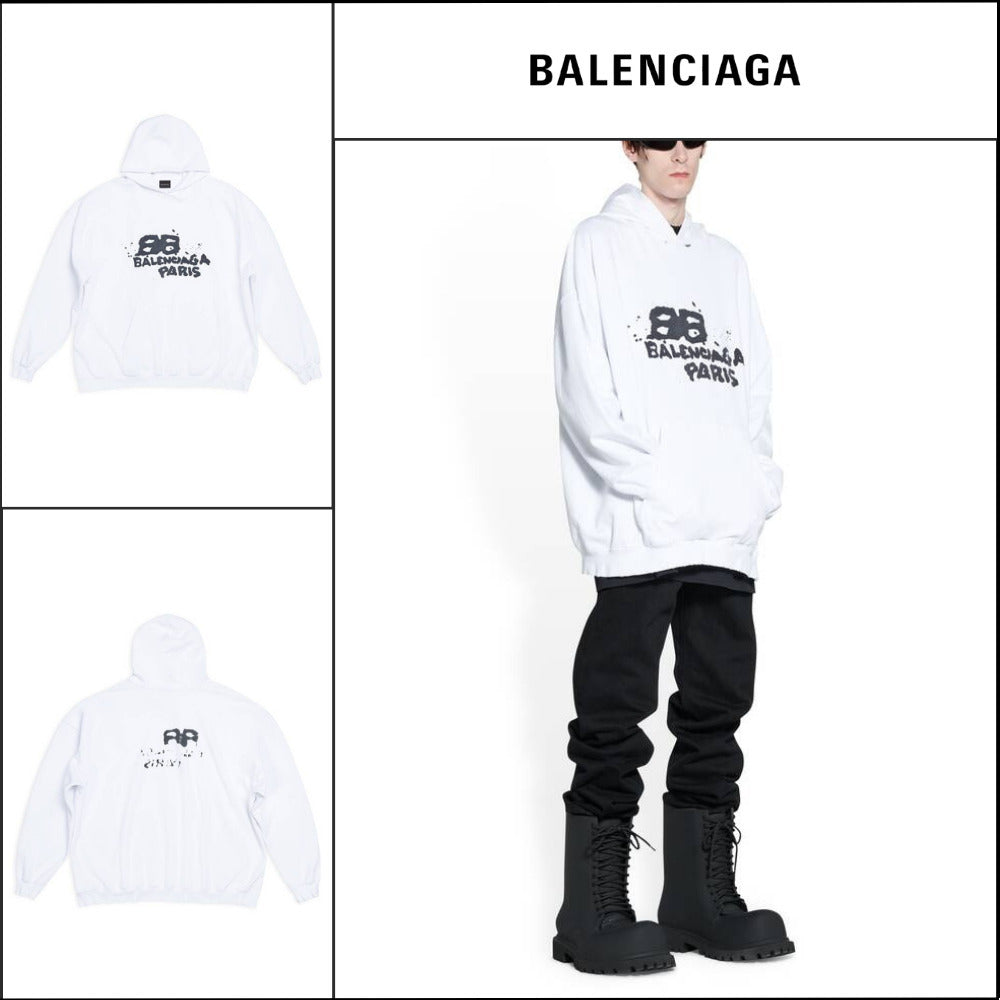【BALENCIAGA】Hand-Drawn BB Icon Hoodie Large Fit White