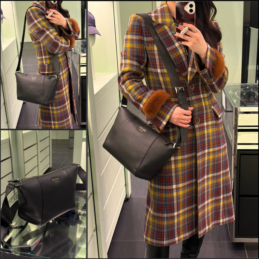 【PRADA】Soft Grained Leather Zipper Crossbody Bag BLACK