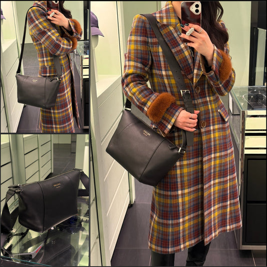 【PRADA】Soft Grained Leather Zipper Crossbody Bag BLACK