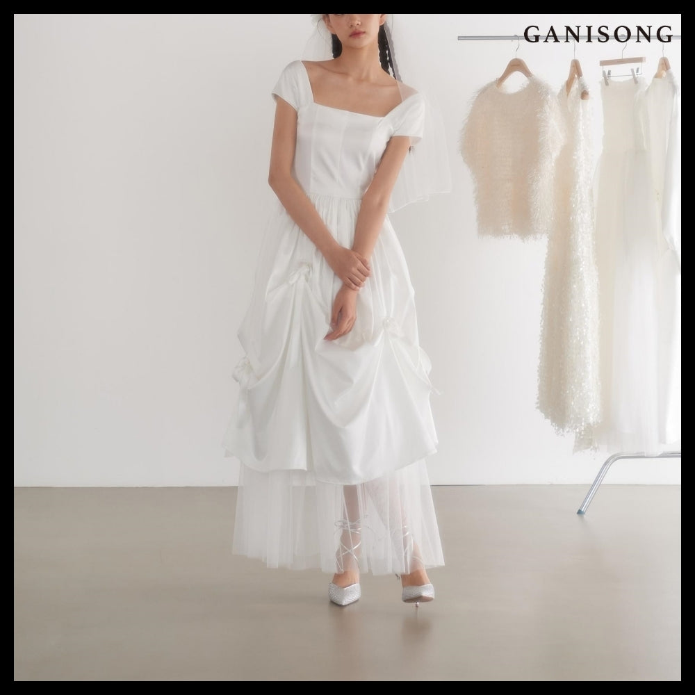 【GANISONG】Bridal Bow Bow Dress White