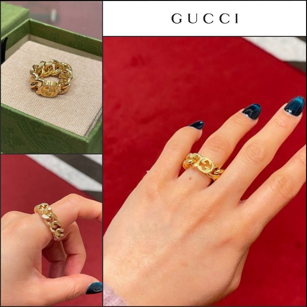 【GUCCI】Interlocking G Grommet Chain Ring Gold