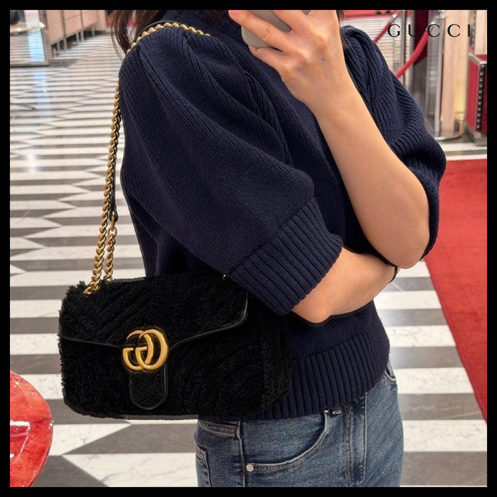 【GUCCI】GG Marmont Shearling Small Shoulder Bag Black