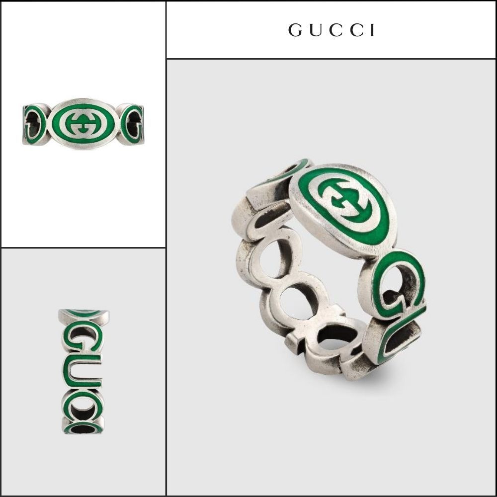 【GUCCI】Interlocking Enamel Silver Ring Green