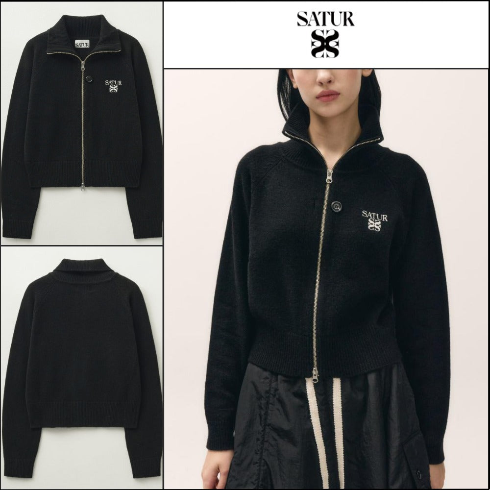 【SATUR】Women's Signature Logo Cashmere Blend Knit Zip-Up