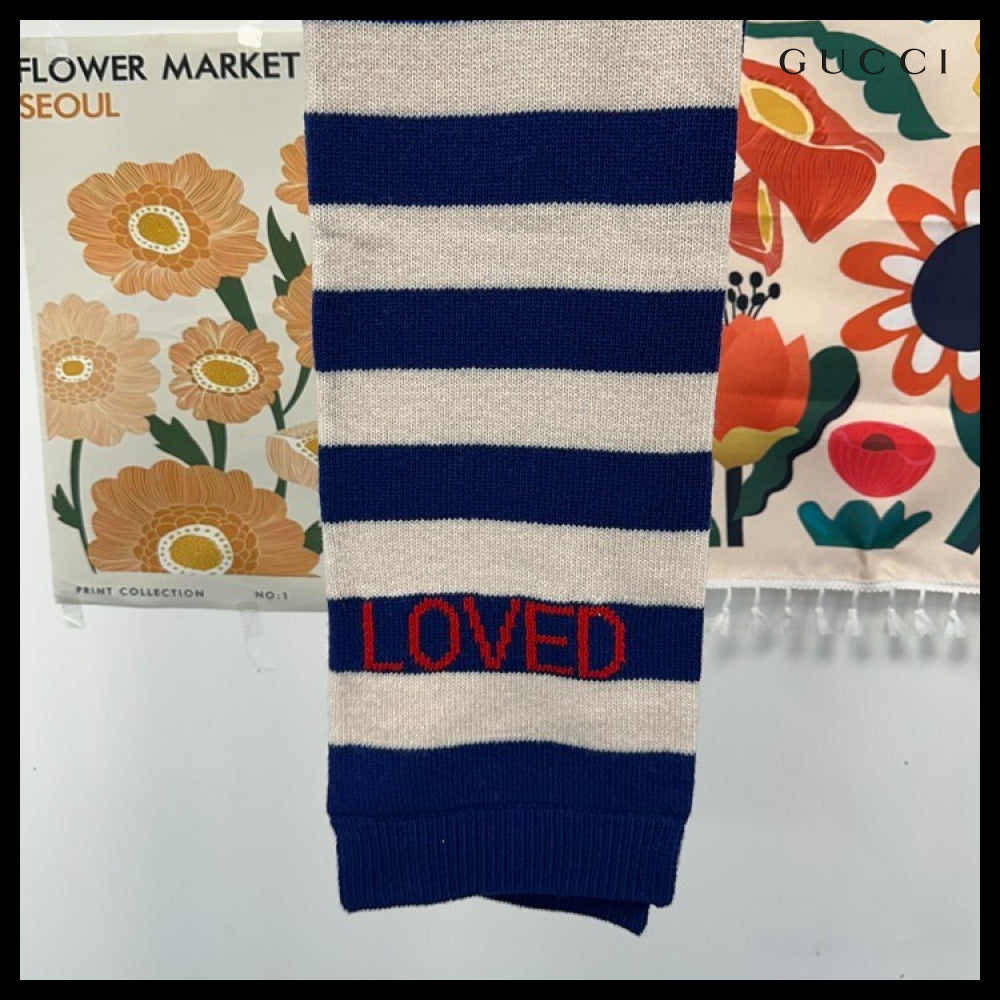 【GUCCI】Loved Tiger Stripe Wool Knit Scarf Blue