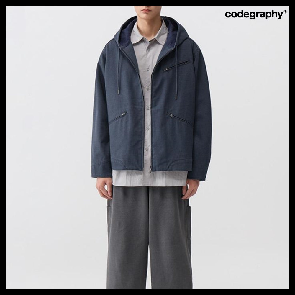 【codegraphy】Vintage Washed Cotton Hood Work Jacket Blue