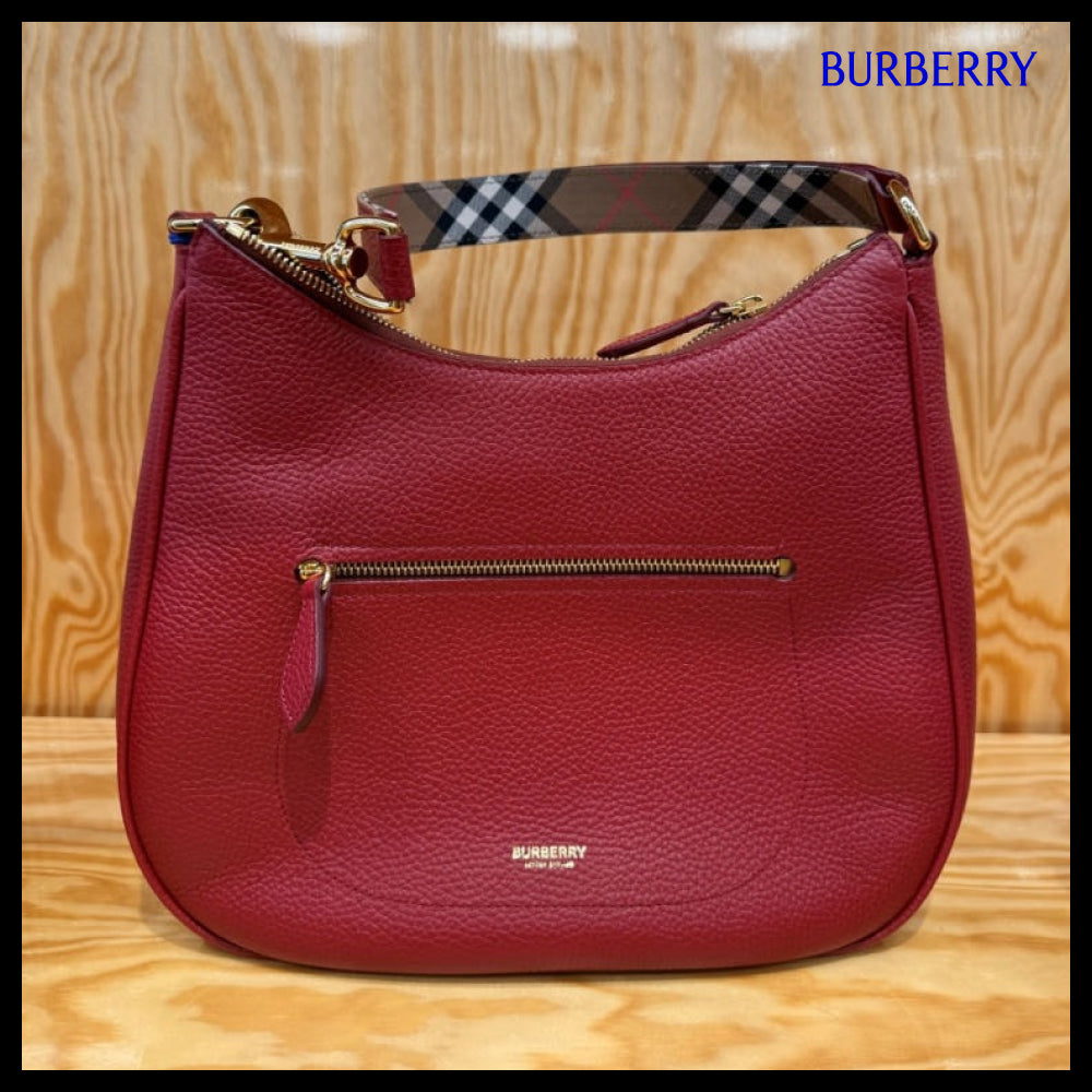 【Burberry】LL Soft Leather Hobo Shoulder Bag Antique Red