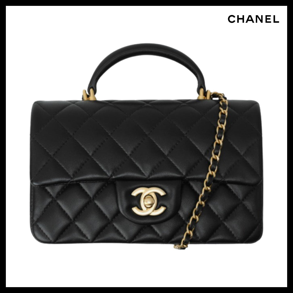 【CHANEL】Mini Top Handle Flap Bag Lambskin & Gold Black