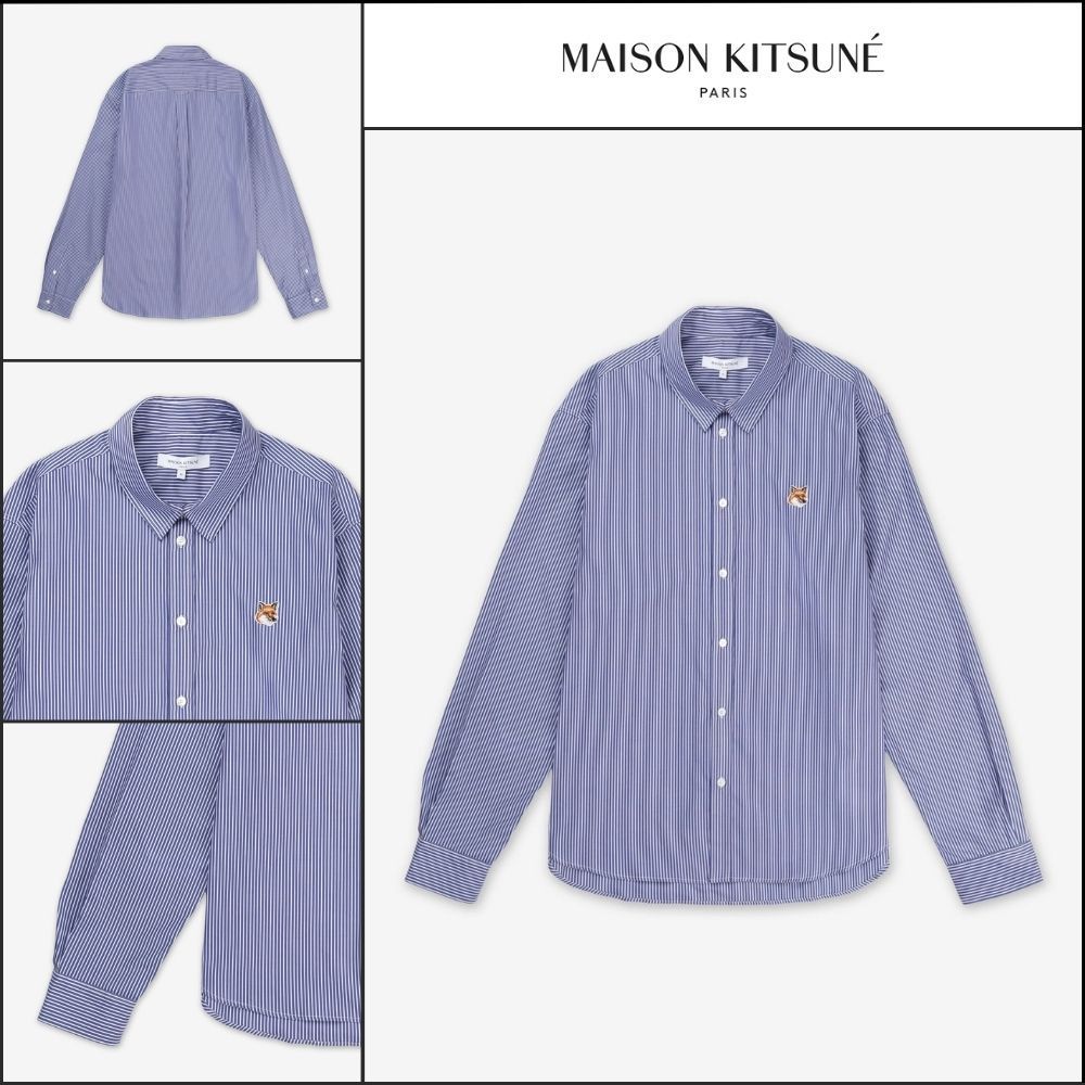 【MAISON KITSUNE】Fox Head Patch Classic Stripe Shirt Navy