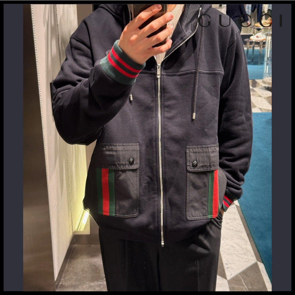 【GUCCI】Web Pocket Felted Cotton Jersey Hooded Jacket Black