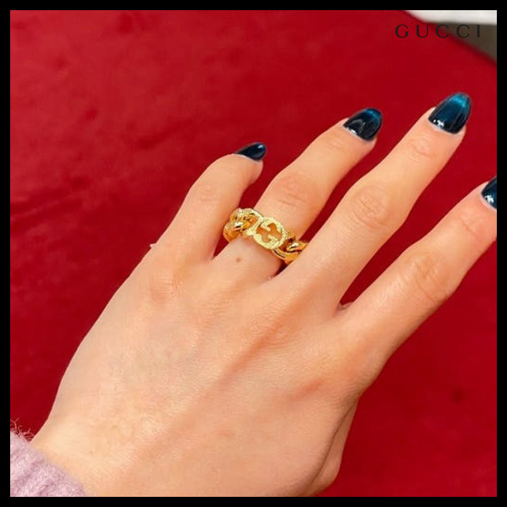 【GUCCI】Interlocking G Grommet Chain Ring Gold