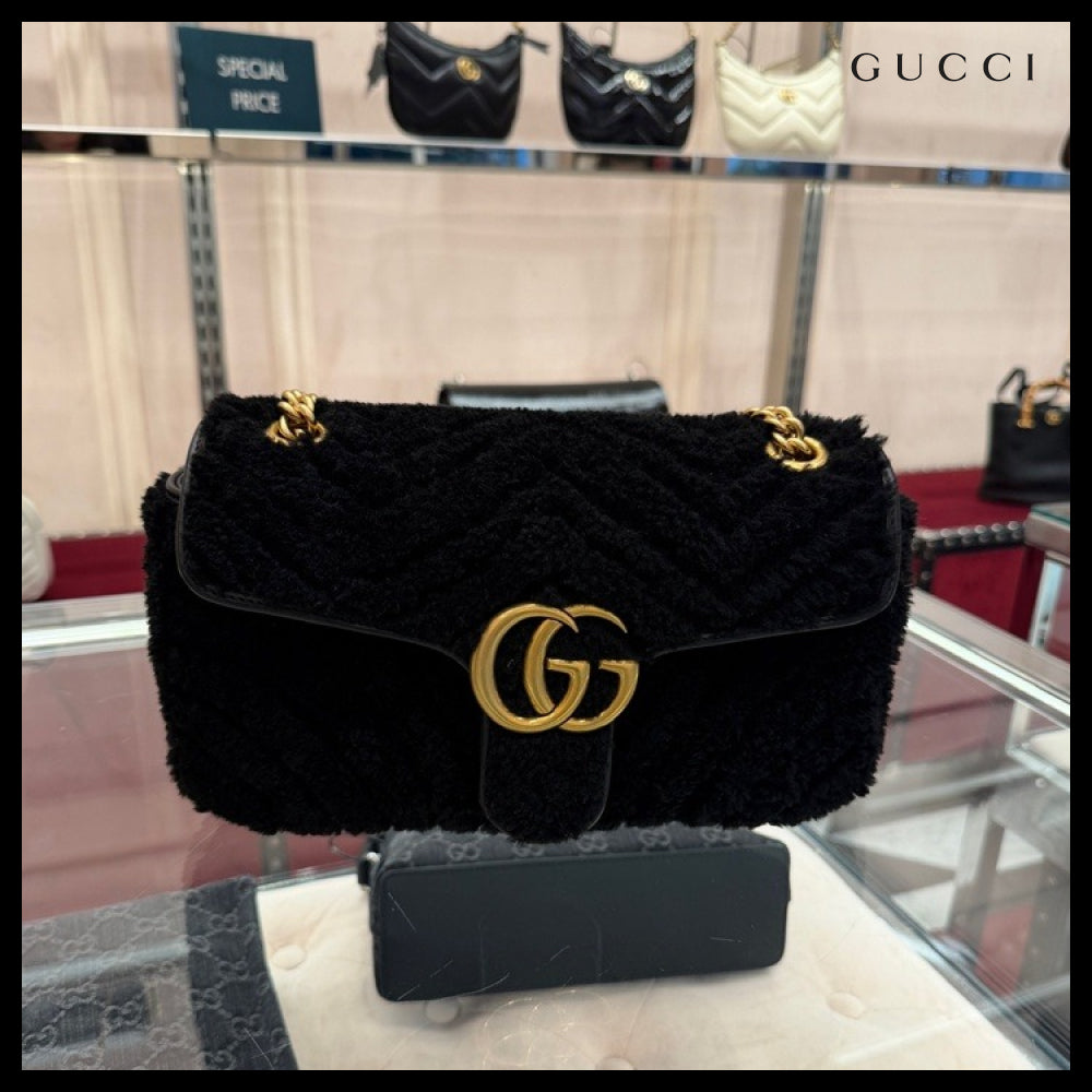 【GUCCI】GG Marmont Shearling Small Shoulder Bag Black