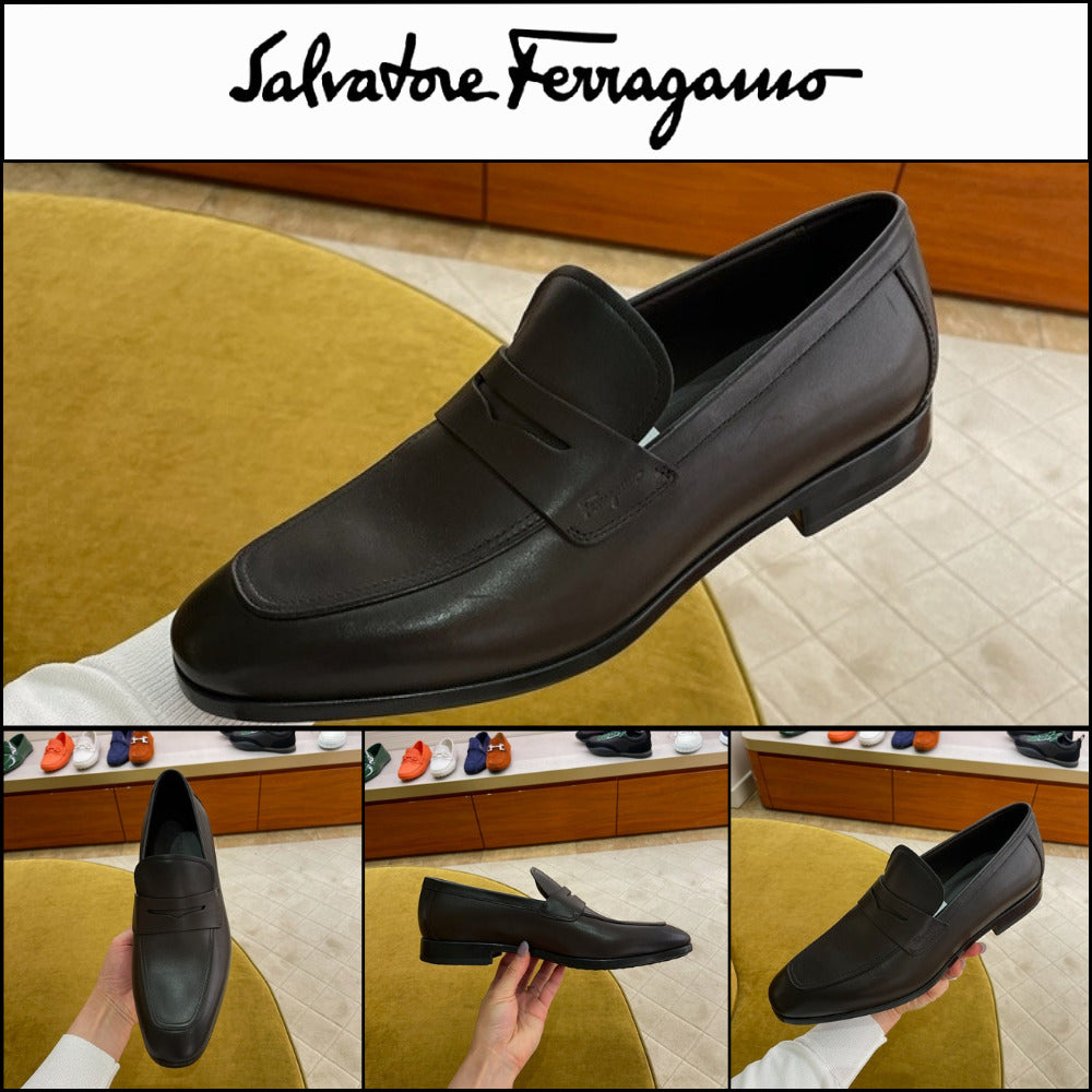 【FERRAGAMO】GRAY LEATHER PENNY LOAFERS BROWN