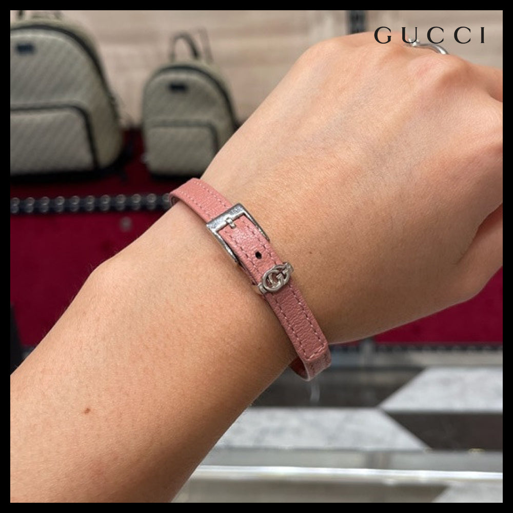 【GUCCI】 Double G Leather Buckle Bracelet PINK SILVER