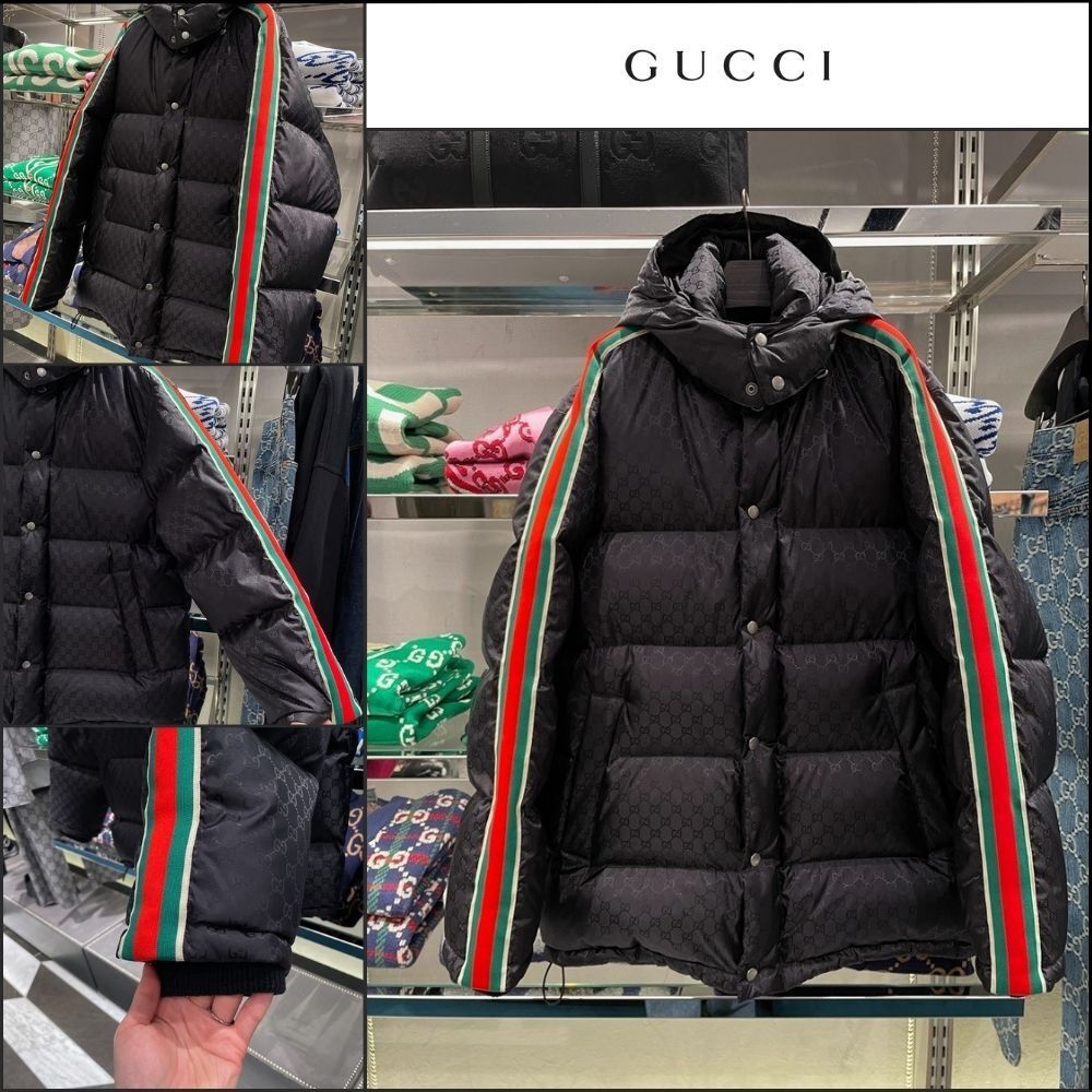 【GUCCI】Web GG Jacquard Goose Down Puffer Jacket Black