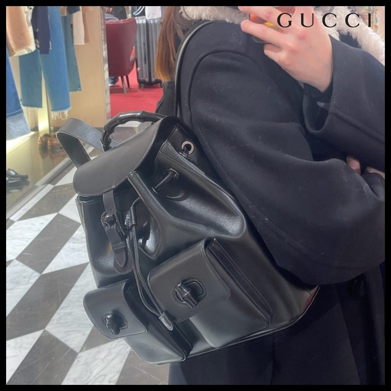 【GUCCI】Noblesse Calf Pocket Bamboo Top Handle Backpack