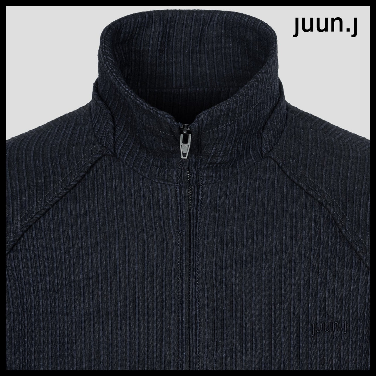 【JUUN.J】Blended Cotton Stripe High Neck Zip-Up Navy