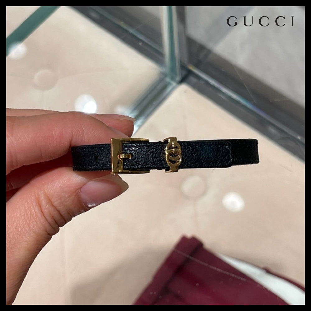 【GUCCI】 ダブル G レザー バックル ブレスレット BLACK GOLD