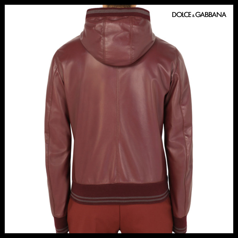 【Dolce & Gabbana】LEATHER JACKET WITH HOOD AND BRANDED TAG