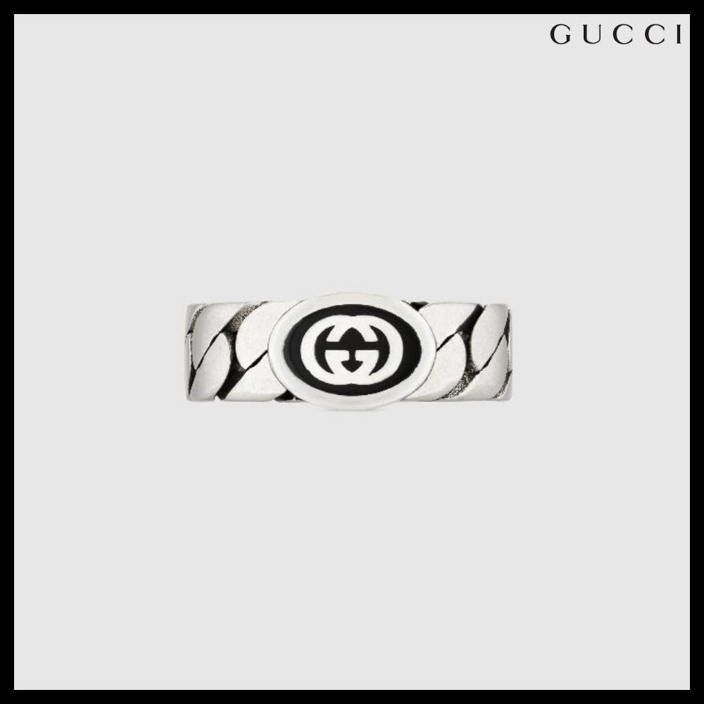 【GUCCI】Interlocking Enamel Chain Wide Ring BLACK