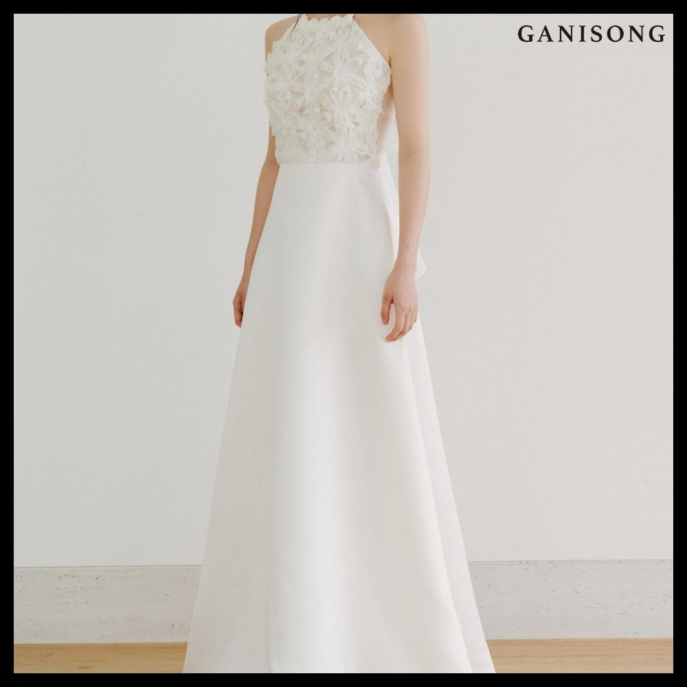 【GANISONG】Bridal Fluffy Rose Halterneck Dress White