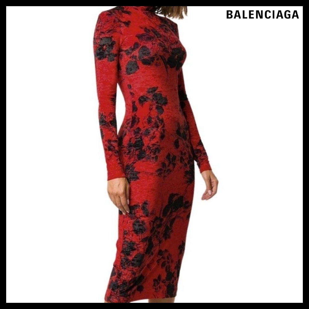 【Balenciaga】Floral-Print Turtleneck Dress