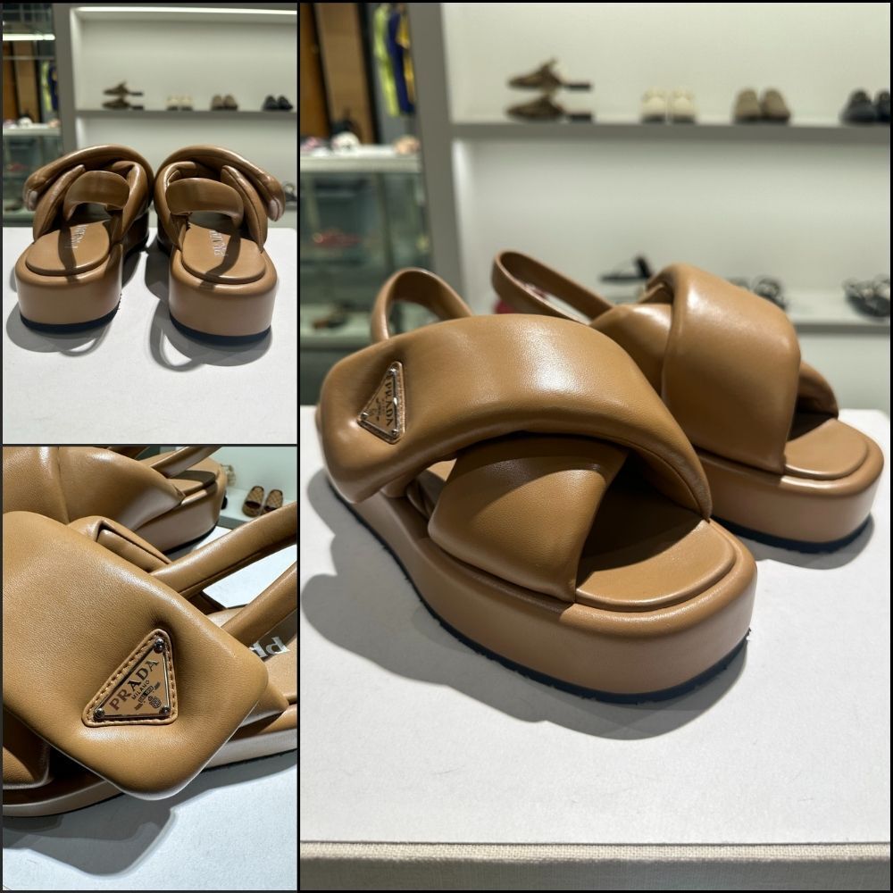 【PRADA】Triangle Logo Padded Leather Platform Sandals
