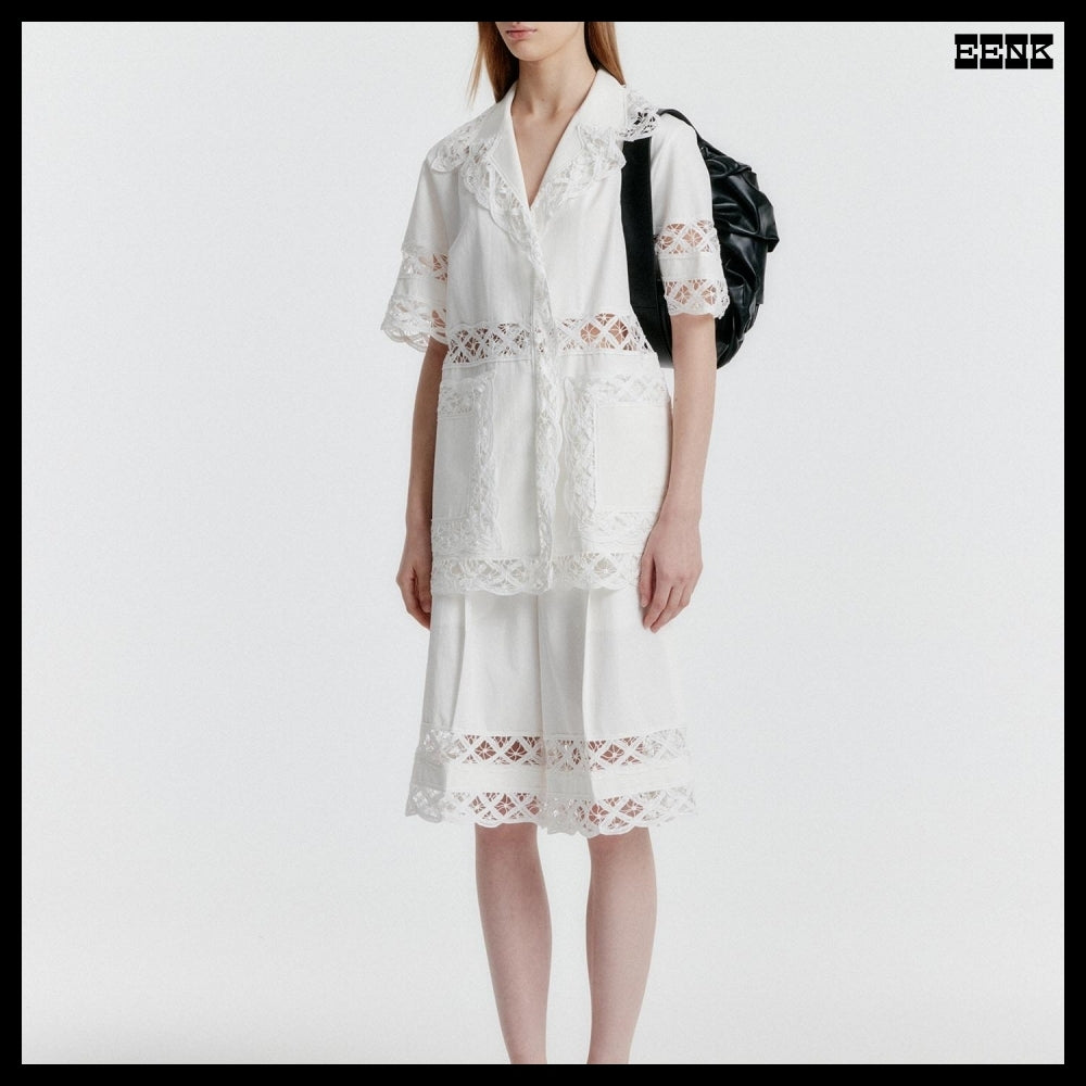 【EENK】YOMITA Short Sleeve Lace-trim Shirt White