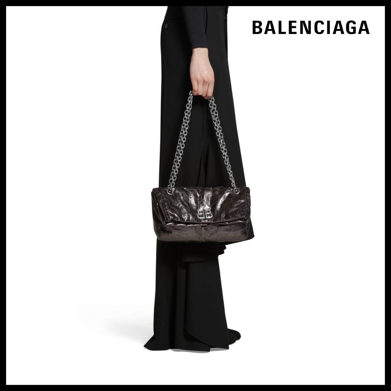 【BALENCIAGA】Monaco Small Chain Bag Metallized Dark Grey