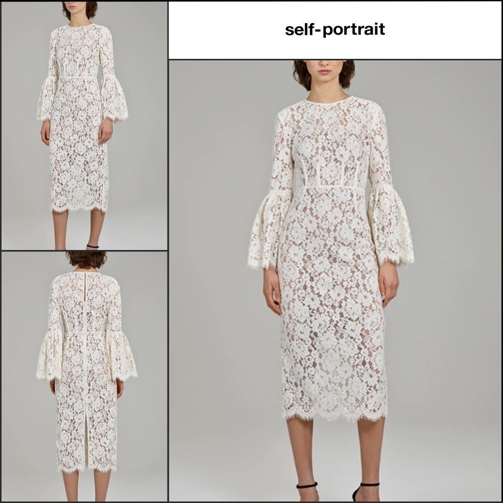 【SELF PORTRAIT】Ivory Cotton Lace Midi Dress