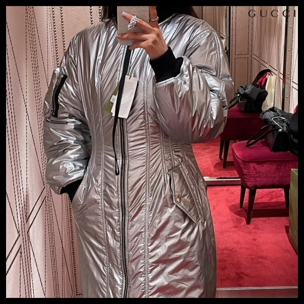 【GUCCI】Web Stripe Metallic Nylon Zip-Up Jacket Silver