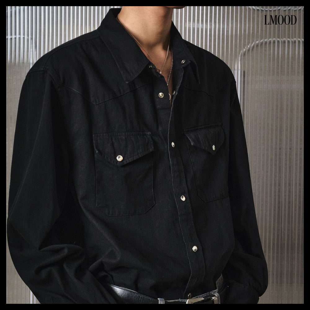 【LMOOD】Terry Denim Shirt Pure Black