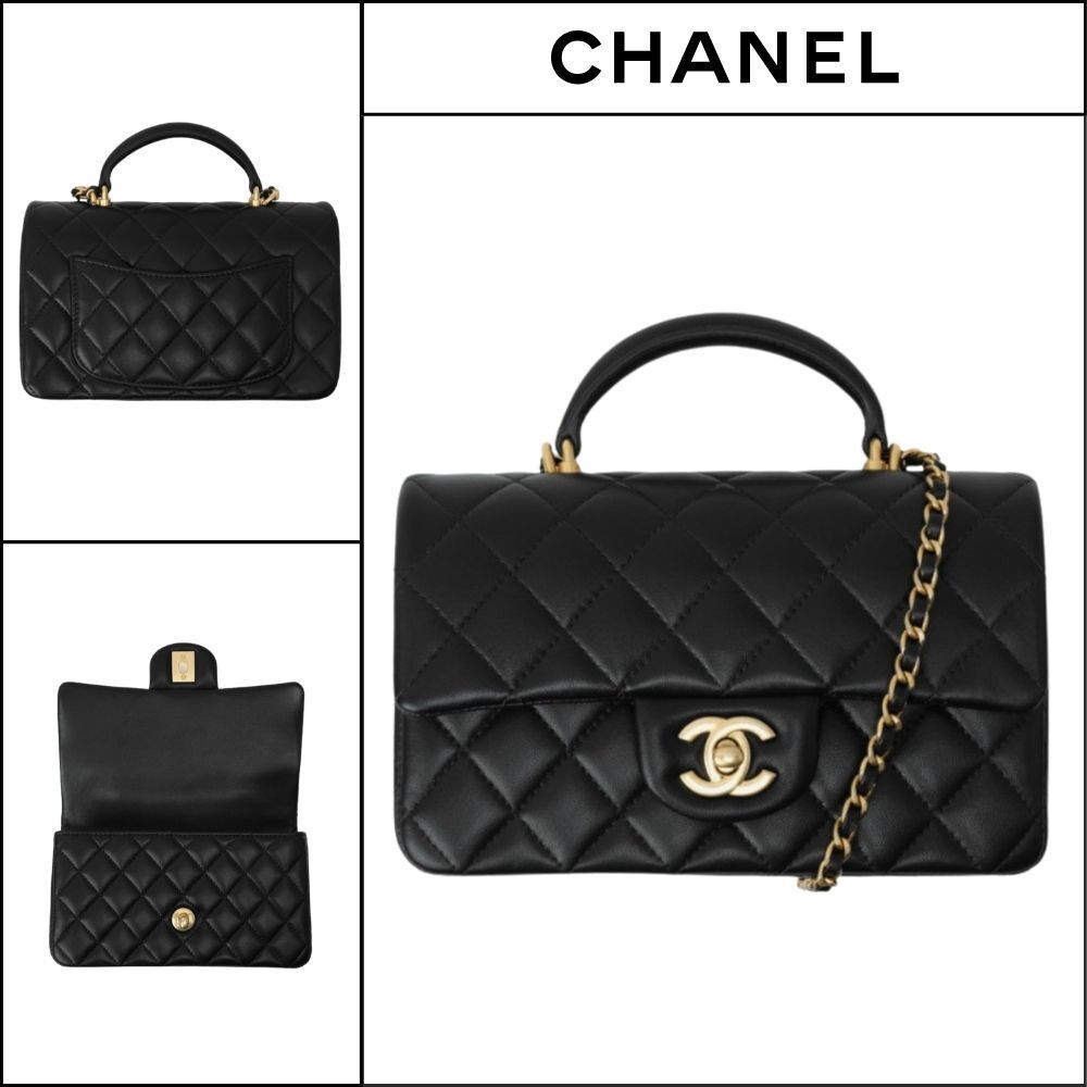 【CHANEL】Mini Top Handle Flap Bag Lambskin & Gold Black