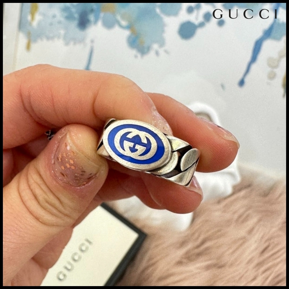 【GUCCI】Interlocking Enamel Chain Ring Blue