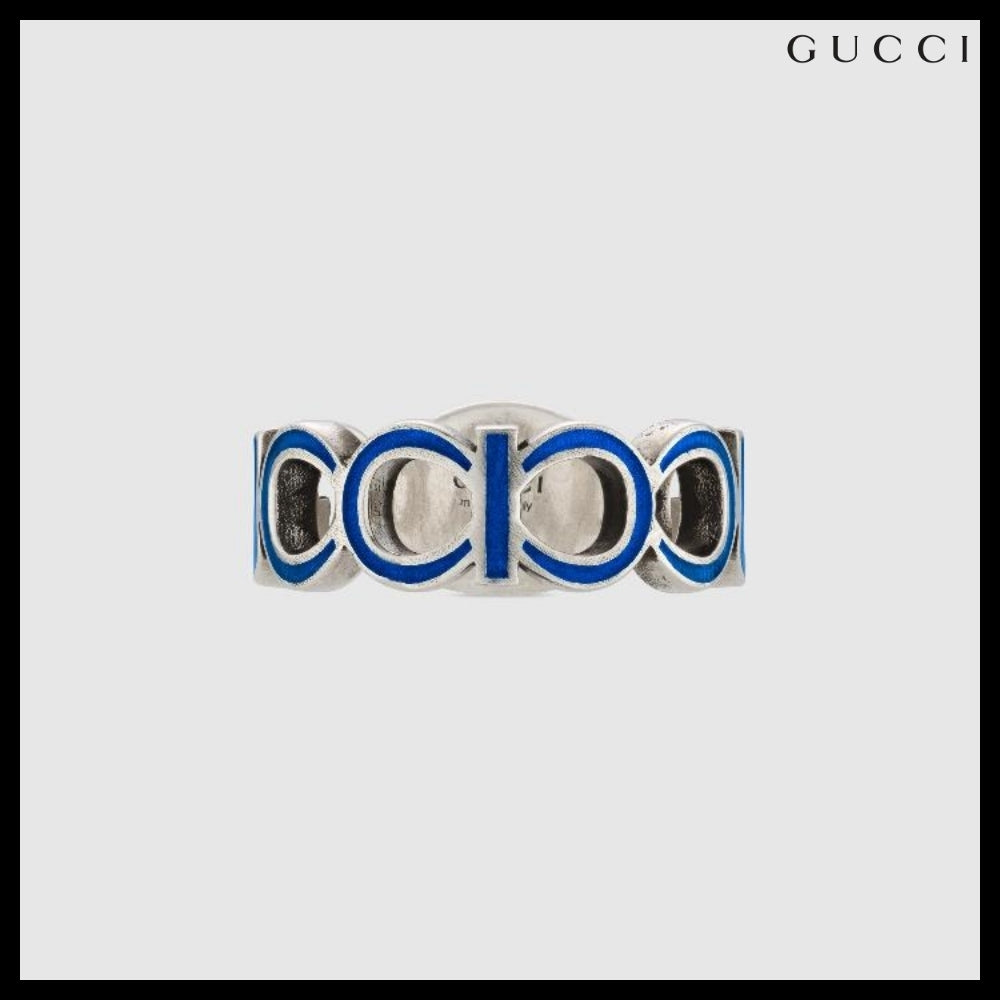 【GUCCI】Interlocking Enamel Silver Ring Blue