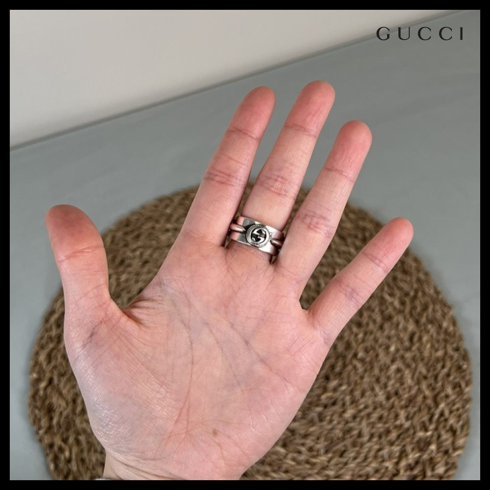 【GUCCI】Interlocking G Engraved Flower Sterling Ring Silver
