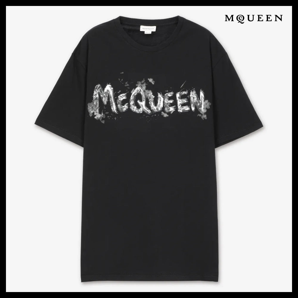 【alexander mcqueen】Gray Graffiti Logo Short Sleeve T Shirt