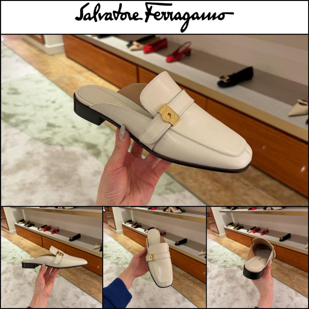 【FERRAGAMO】MAVIRA 20 GANCINI LEATHER MULE CLOGS IVORY