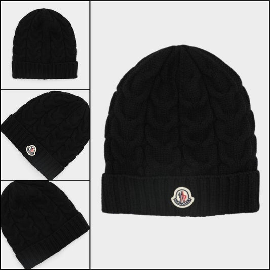【MONCLER】Patch logo cable knit wool beanie