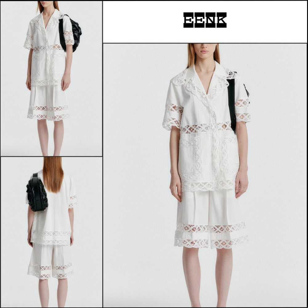 【EENK】YOMITA Short Sleeve Lace-trim Shirt White