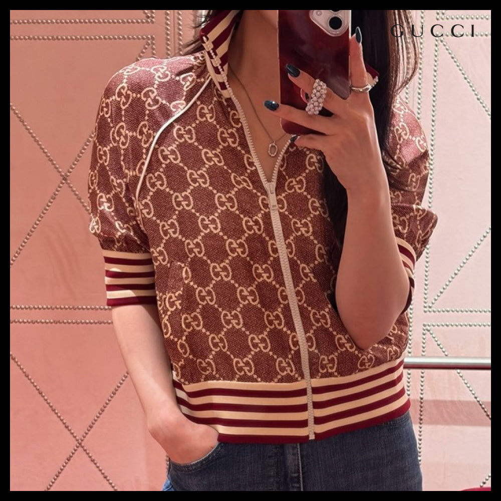 【GUCCI】GG Supreme Print Silk Zip-Up Jacket Sweet Berries