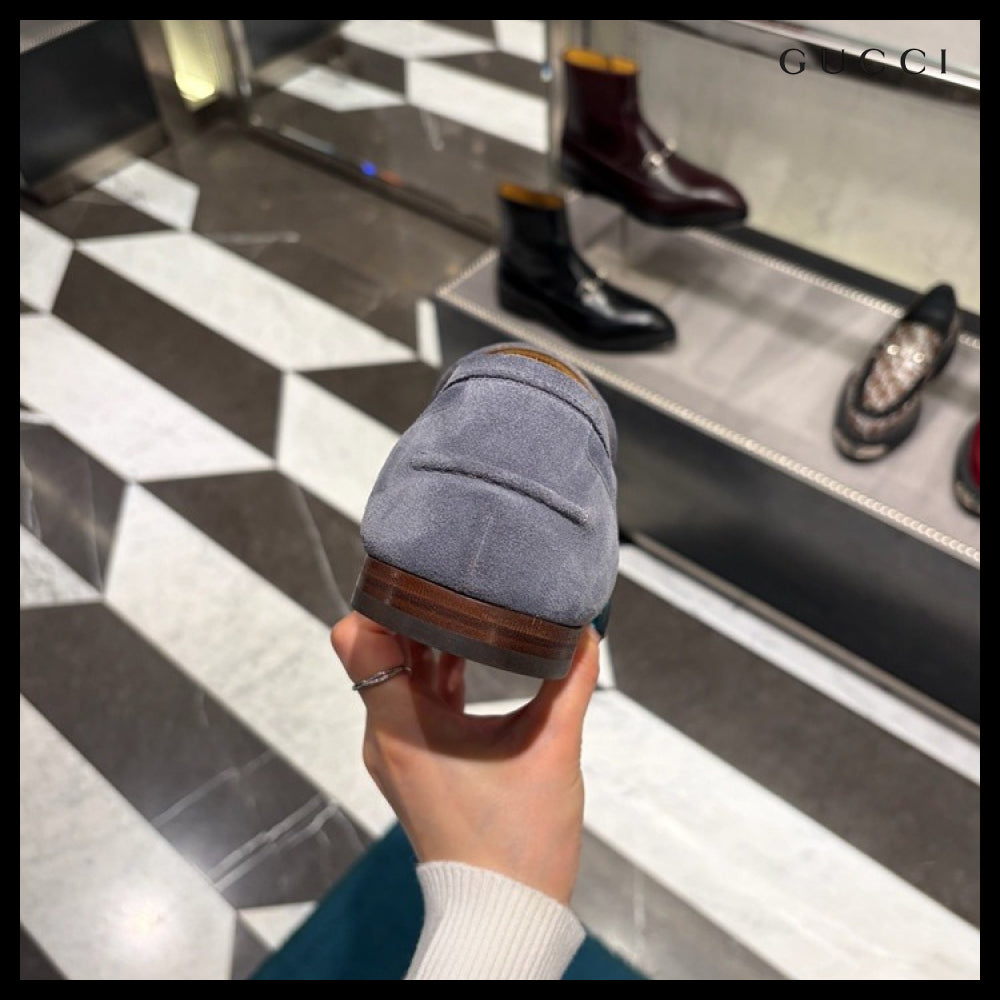【GUCCI】JORDAN Horsebit Suede Men’s Moccasin Loafers Blue