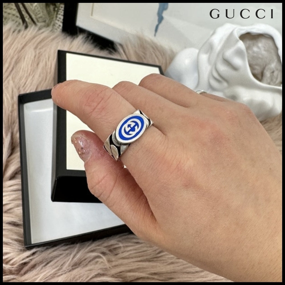 【GUCCI】Interlocking Enamel Chain Ring Blue