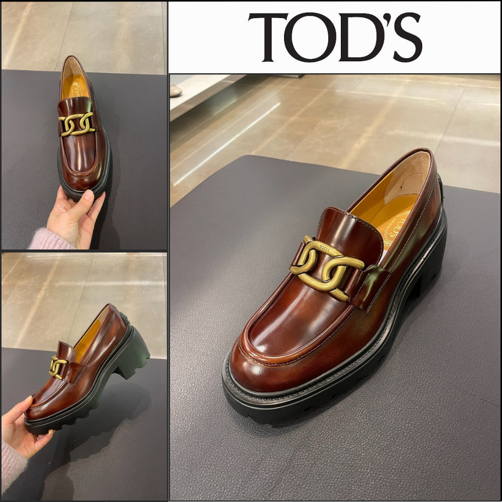 【TOD'S】Chain Calf Leather Women’s Loafers Brown