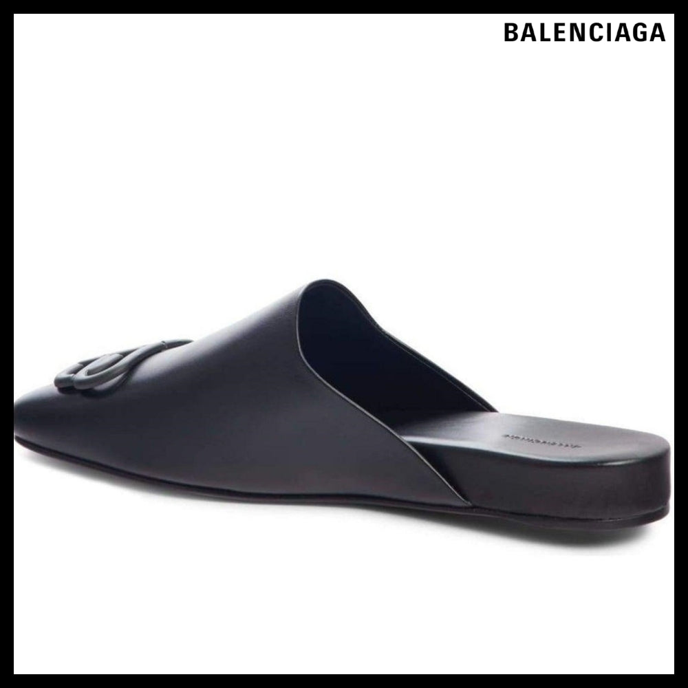 【Balenciaga】Black BB Logo Leather Slipper Shoes