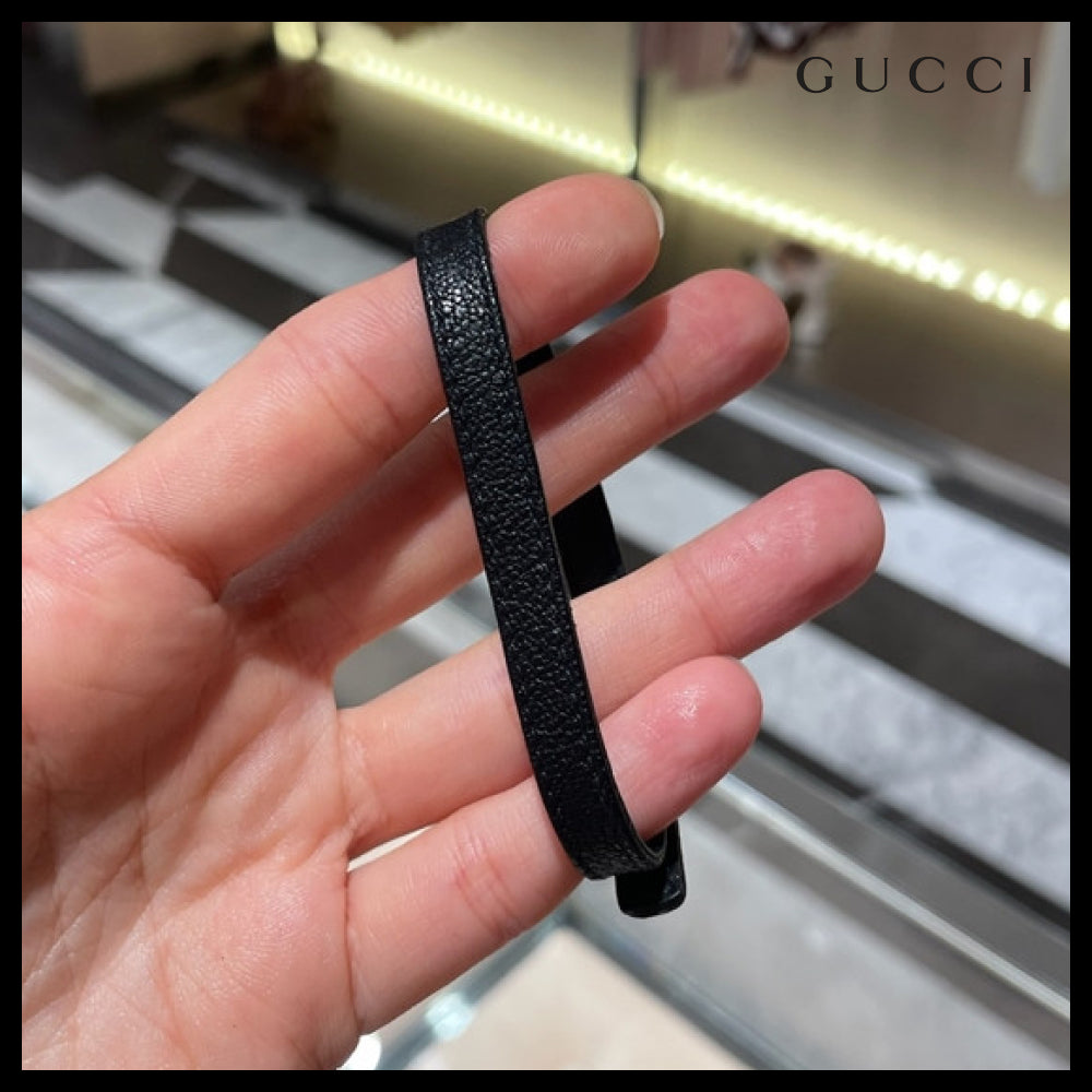 【GUCCI】 ダブル G レザー バックル ブレスレット BLACK GOLD