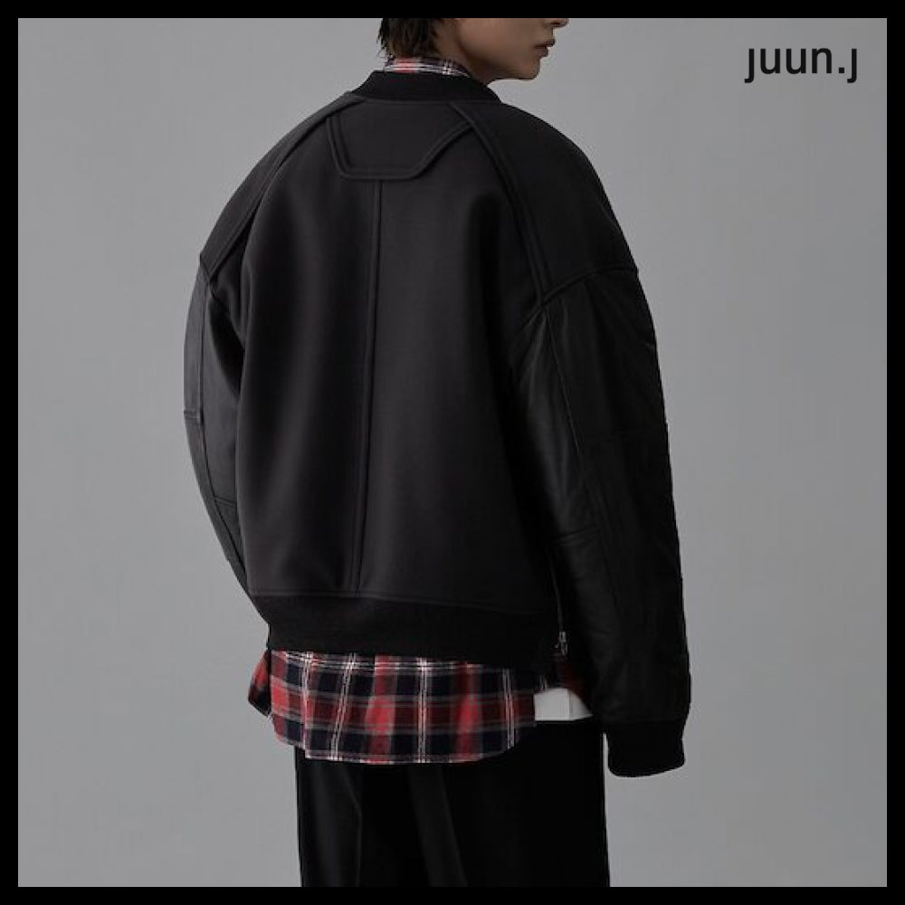 【JUUN.J】Leather Sleeve Varsity Jumper Gray