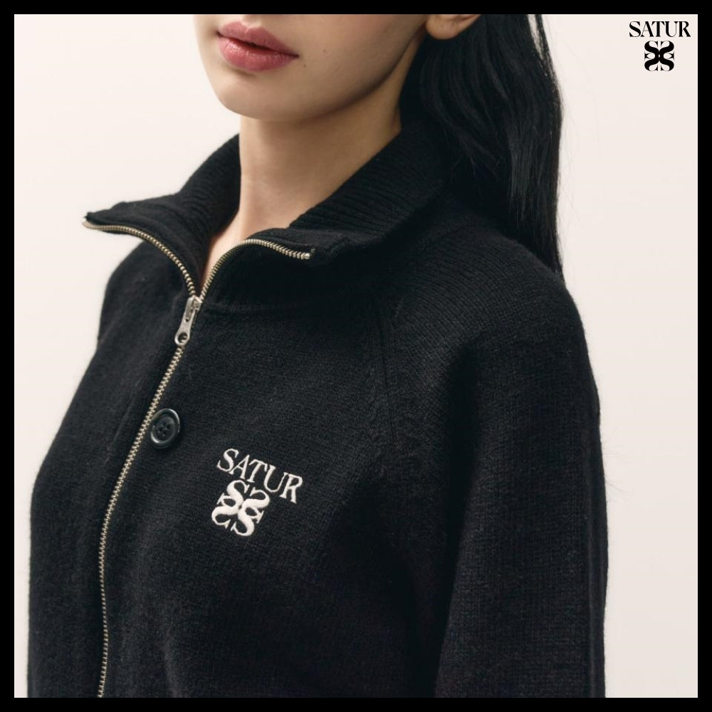 【SATUR】Women's Signature Logo Cashmere Blend Knit Zip-Up